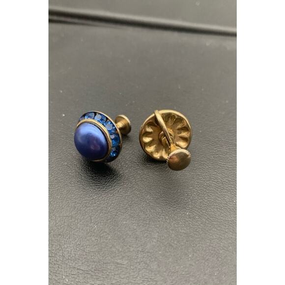 Vintage Blue Cabochon And Rhinestone Round Screw Back Earrings - Picture 4 of 4